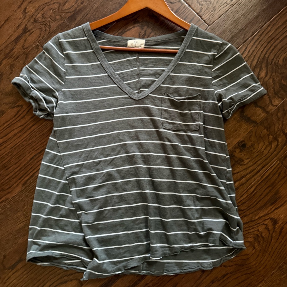 T.La olive green & White Striped V-Neck Pocket Tee size Small Aritzia